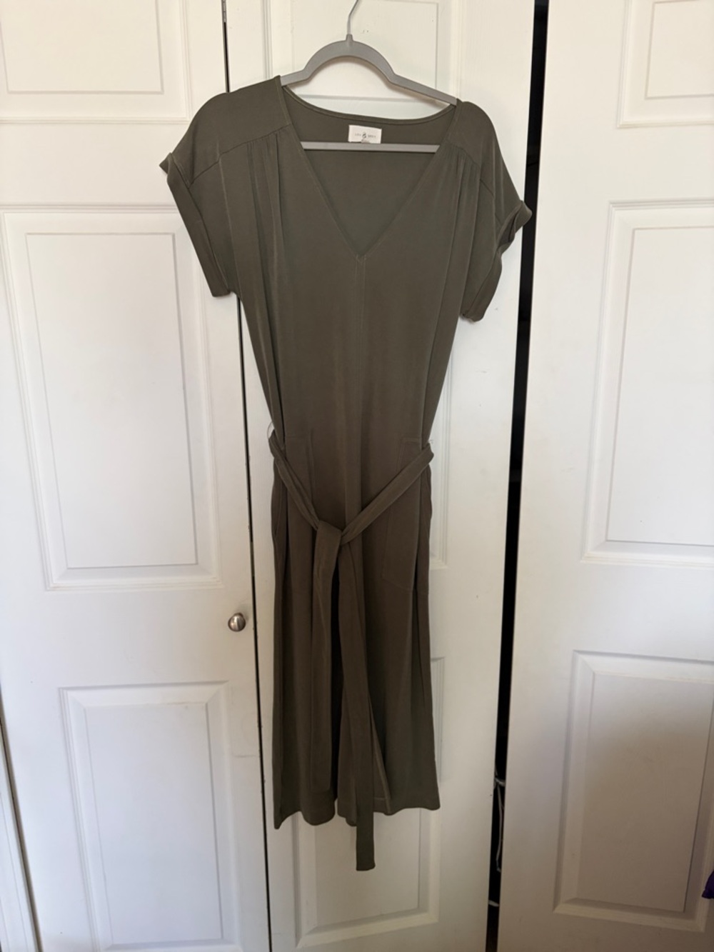 Olive V-Neck Belted Midi Dress